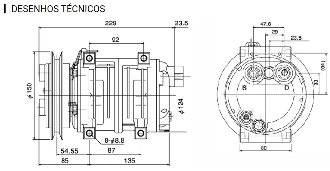 Desenhos Técnicos do Compressor do Ar-condicionado de Ônibus Valeo TM 21