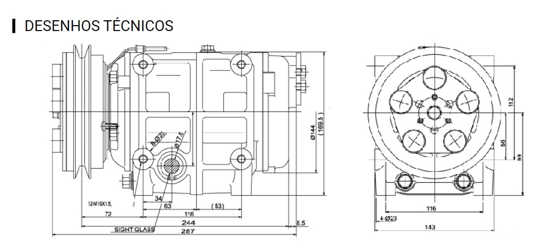 Desenhos Técnicos do Compressor do Ar-condicionado de Ônibus Valeo TM 31