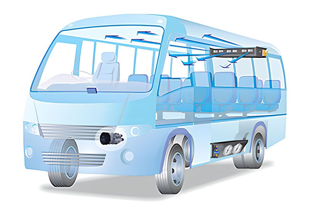 Desenho do esquema de sistema de distribuição do ar-condicionado no interior de um micro-ônibus