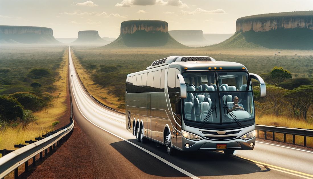 Ilustração: vista panorâmica de ônibus rodoviário na rodovia